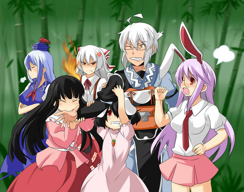 reisen udongein inaba, fujiwara no mokou, kamishirasawa keine, houraisan kaguya, inaba tewi, and 1 more (touhou and 1 more) drawn by be_(o-hoho)