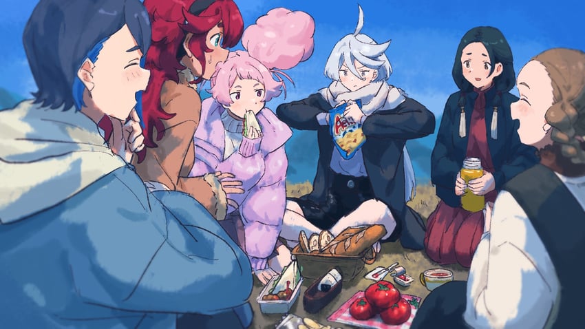 suletta mercury, miorine rembran, chuatury panlunch, nika nanaura, lilique kadoka lipati, and 1 more (gundam and 1 more) drawn by tanutotomato
