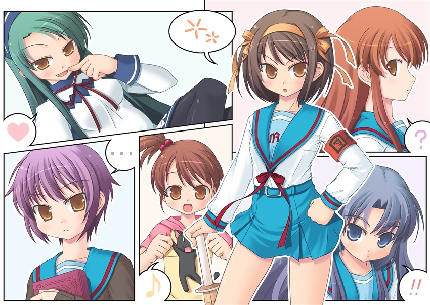 suzumiya haruhi, nagato yuki, asahina mikuru, asakura ryoko, tsuruya, and 1 more (suzumiya haruhi no yuuutsu) drawn by amamiya_minato