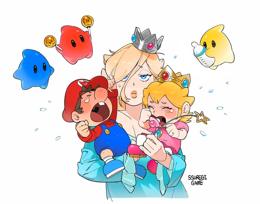 princess peach, mario, rosalina, luma, baby mario, and 1 more (mario) drawn by ssuregigame
