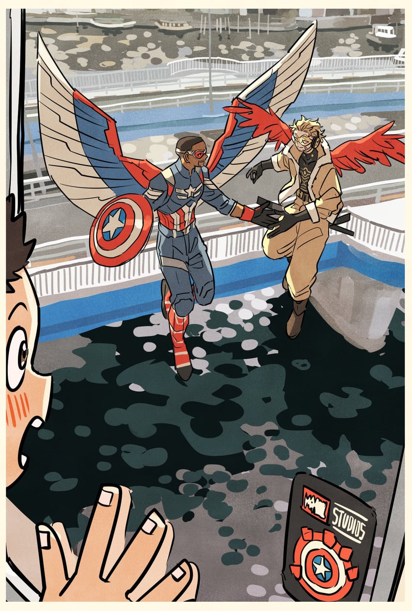 hawks, captain america, and sam wilson (boku no hero academia and 3 more) drawn by takeuchi_ryousuke