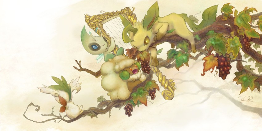 leafeon, celebi, shaymin, and whimsicott (pokemon) drawn by yorujisa_yuuto