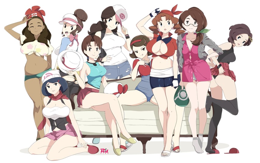 dawn, may, rosa, hilda, gloria, and 12 more (pokemon and 9 more) drawn by agedo and r3dfive