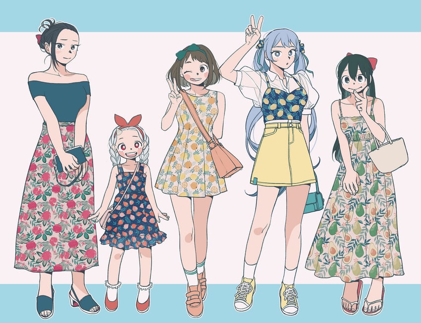 uraraka ochaco, asui tsuyu, yaoyorozu momo, hado nejire, and eri (boku no hero academia) drawn by oru_2ji