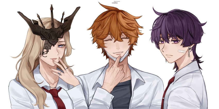 scaramouche, tartaglia, and signora (genshin impact) drawn by winkio