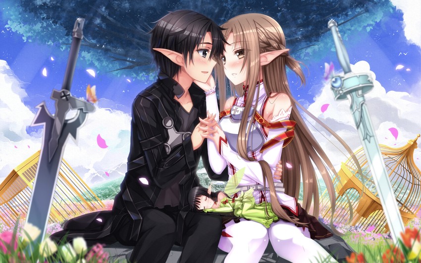 asuna, kirito, yui, and titania (sword art online) drawn by swordsouls