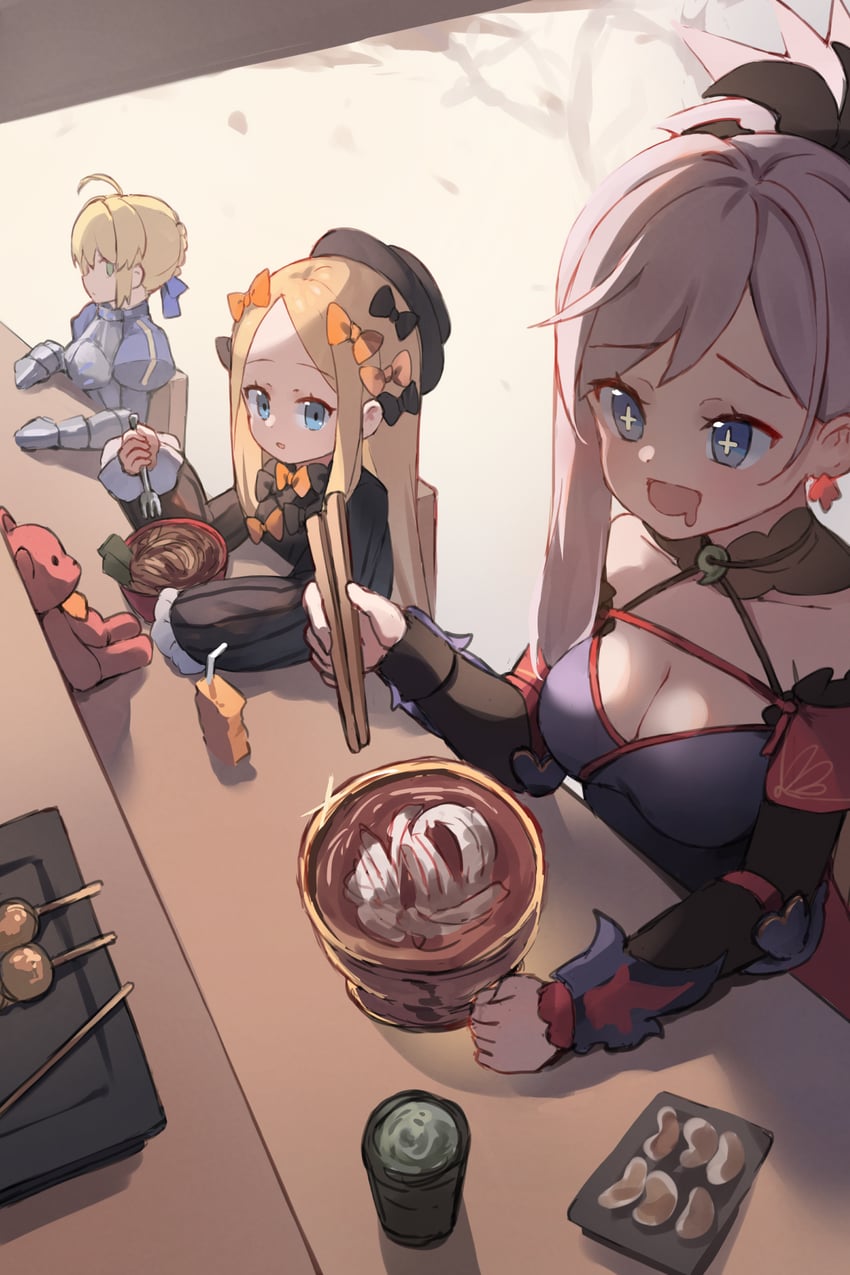 artoria pendragon, saber, abigail williams, and miyamoto musashi (fate and 1 more) drawn by miya_(miyaruta)