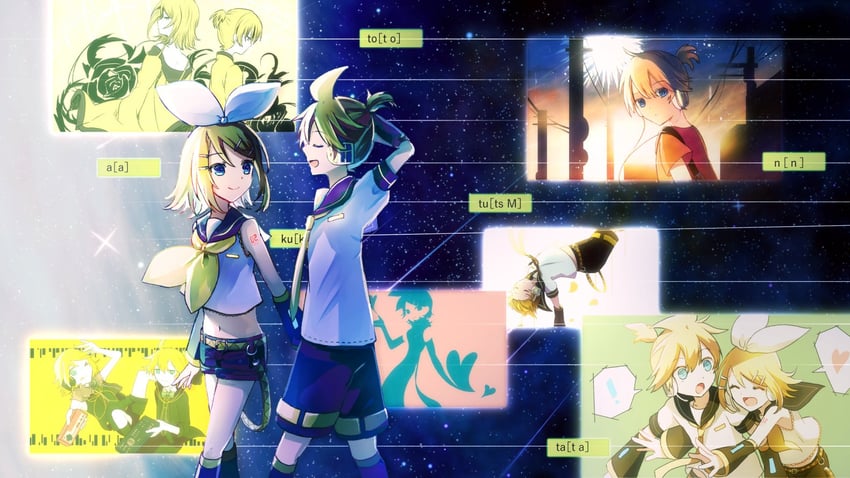 kagamine rin, kagamine len, riliane lucifen d'autriche, and allen avadonia (vocaloid and 5 more) drawn by wakolenrin