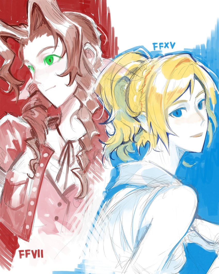 aerith gainsborough and lunafreya nox fleuret (final fantasy and 3 more) drawn by 9gamerkgk