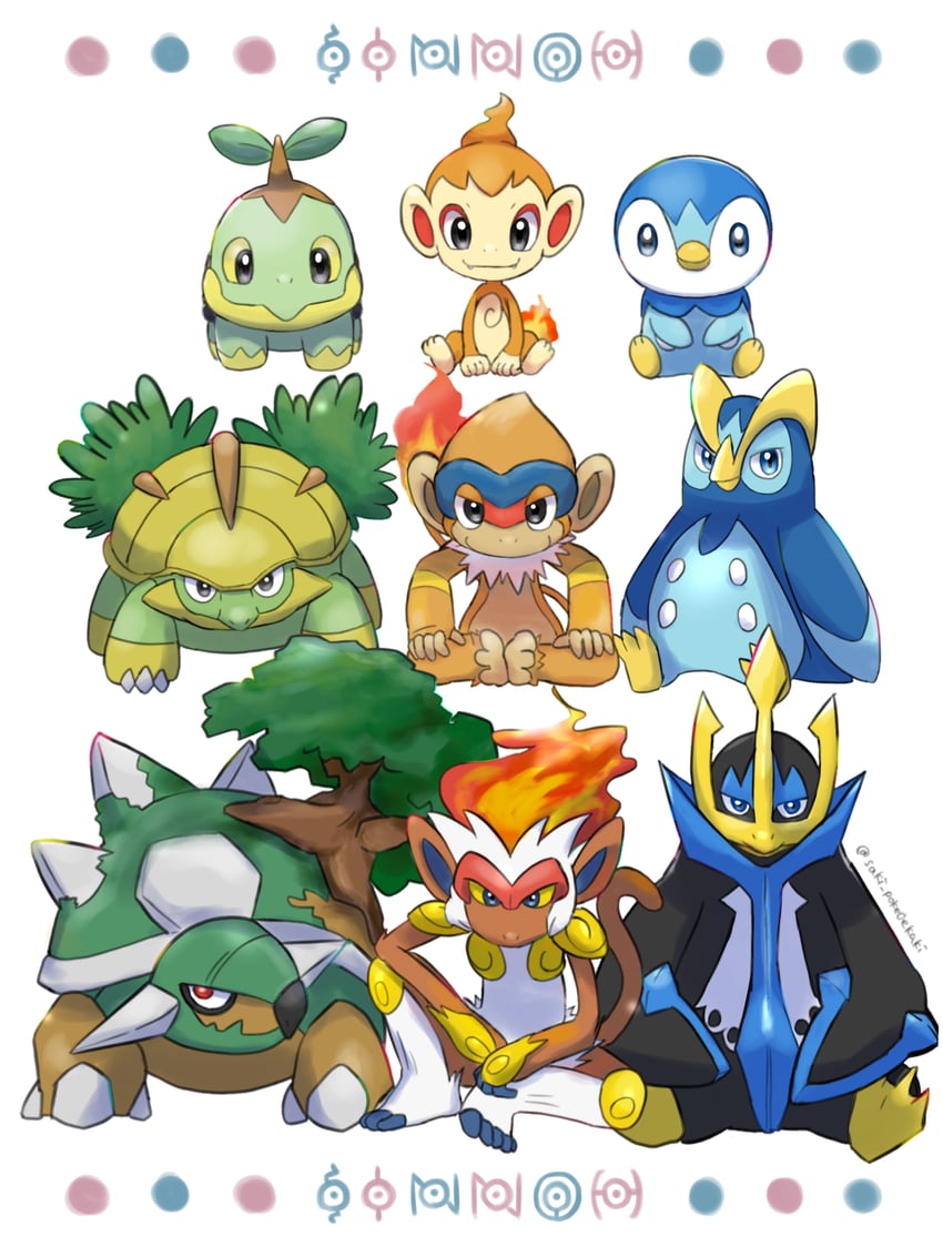 piplup, turtwig, chimchar, unown, empoleon, and 10 more (pokemon) drawn by saki_pokeoekaki
