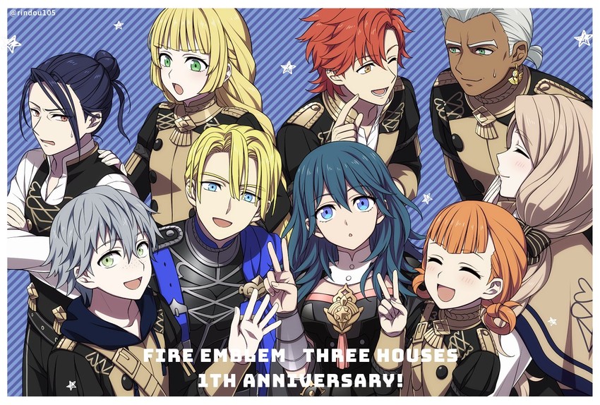 female byleth, dimitri alexandre blaiddyd, ingrid brandl galatea, sylvain jose gautier, mercedes von martritz, and 4 more (fire emblem and 1 more) drawn by hiyori_(rindou66)