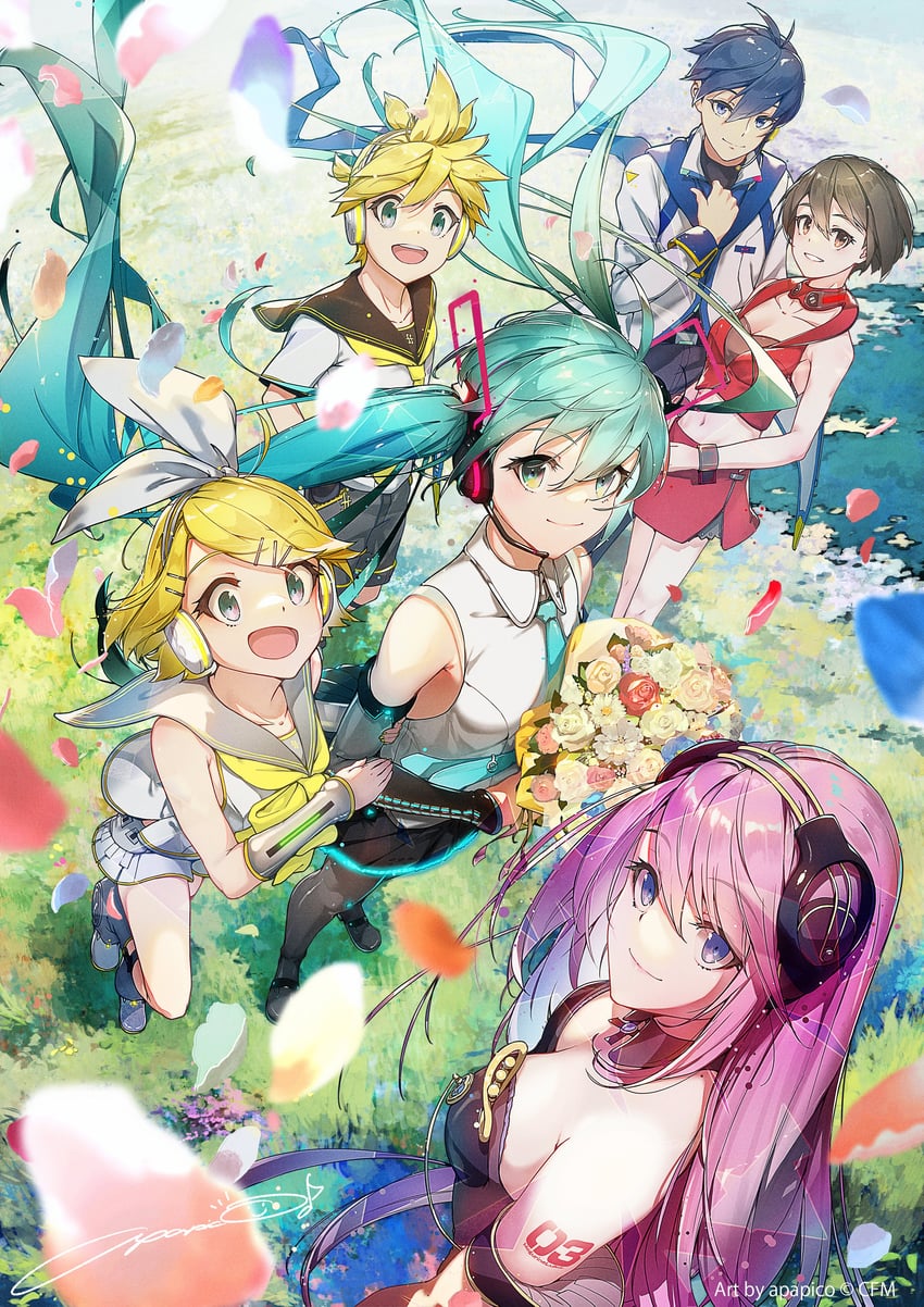hatsune miku, kagamine rin, kagamine len, megurine luka, kaito, and 1 more (vocaloid and 1 more) drawn by apapico