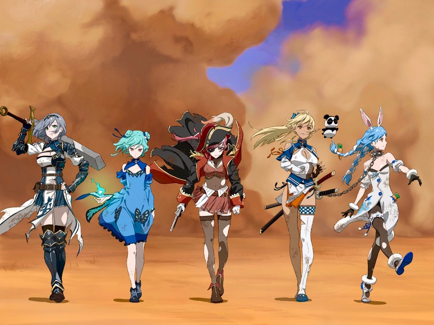 houshou marine, usada pekora, shirogane noel, uruha rushia, shiranui flare, and 1 more (hololive) drawn by bansei
