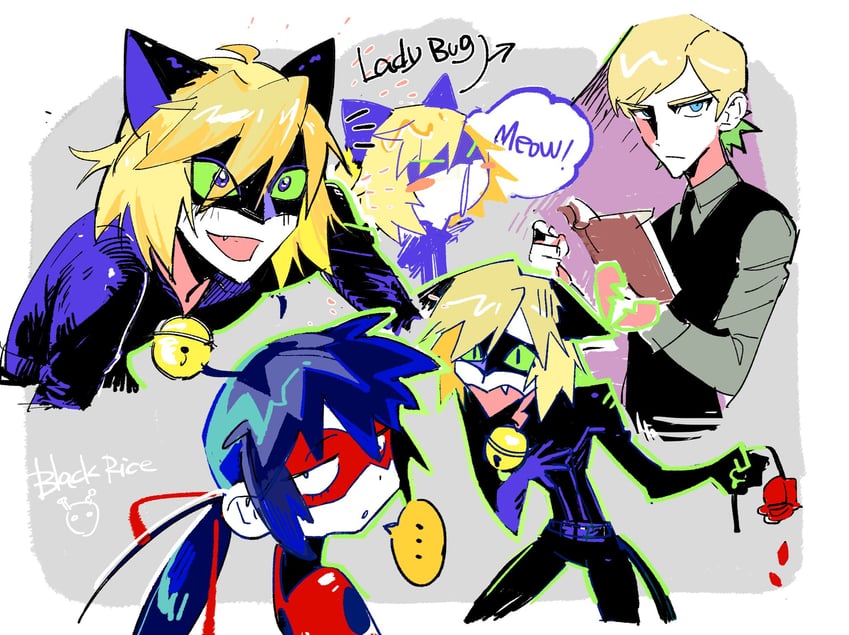 marinette dupain-cheng, ladybug, chat noir, and felix (miraculous ladybug) drawn by milifeimili