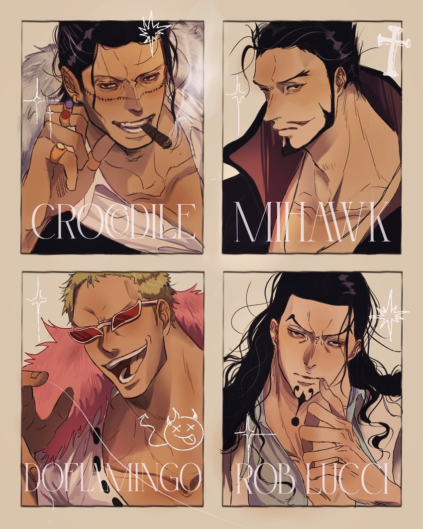 donquixote doflamingo, crocodile, dracule mihawk, and rob lucci (one piece) drawn by rihirihi613