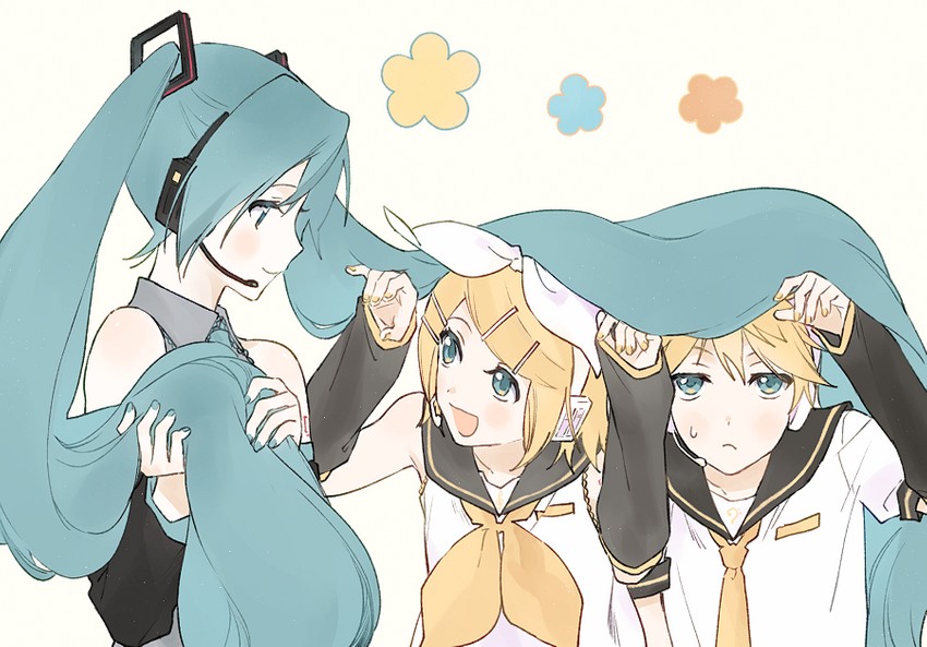 hatsune miku, kagamine rin, and kagamine len (vocaloid) drawn by manarona