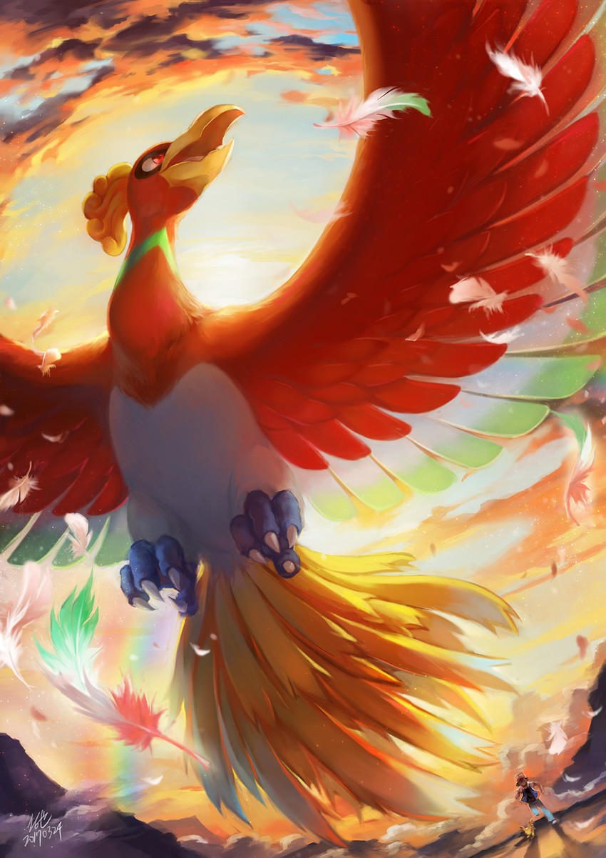 pikachu, ash ketchum, and ho-oh (pokemon) drawn by koya10305