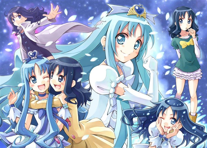 kurumi erika, cure marine, and cure marine mirage (precure and 1 more) drawn by satogo