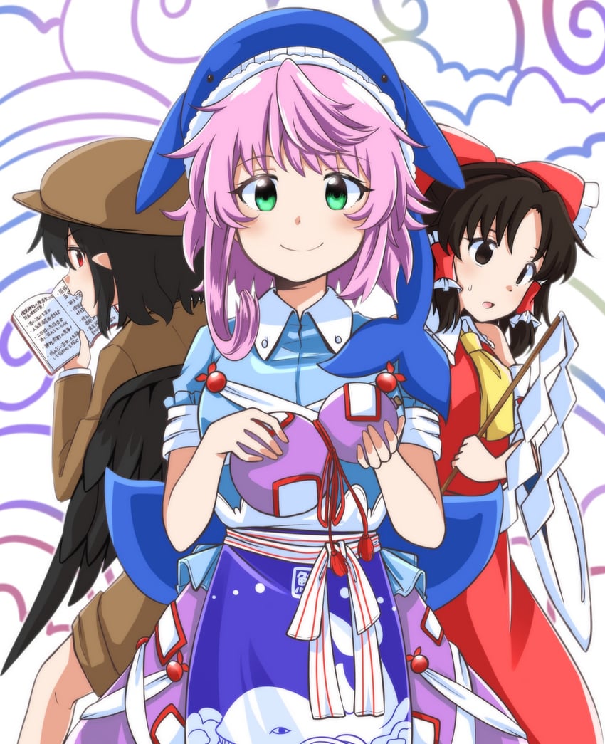 hakurei reimu, shameimaru aya, and okunoda miyoi (touhou) drawn by yakousei_no_kame