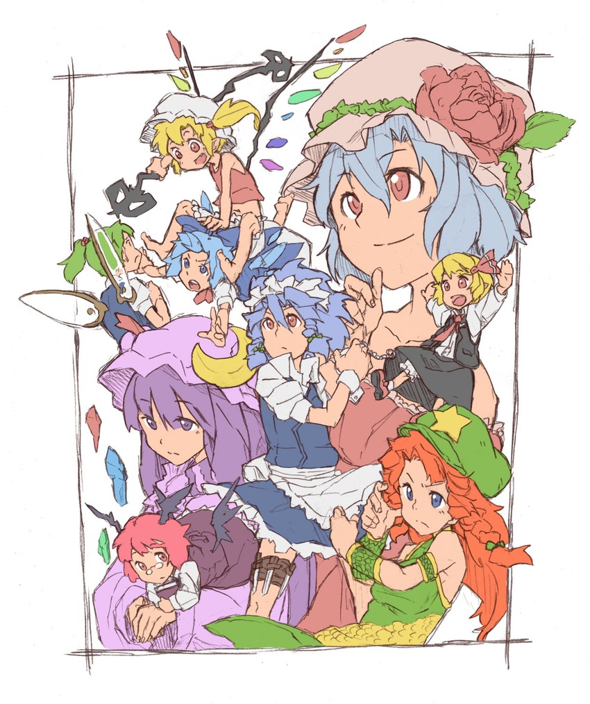remilia scarlet, flandre scarlet, izayoi sakuya, cirno, patchouli knowledge, and 4 more (touhou and 1 more) drawn by numa_(minus_4k)