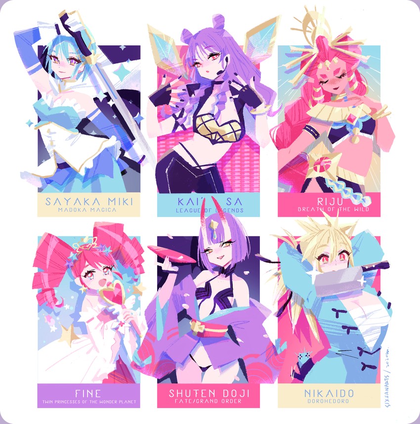 miki sayaka, shuten douji, kai'sa, fine, nikaidou, and 2 more (fate and 8 more) drawn by manodemarina