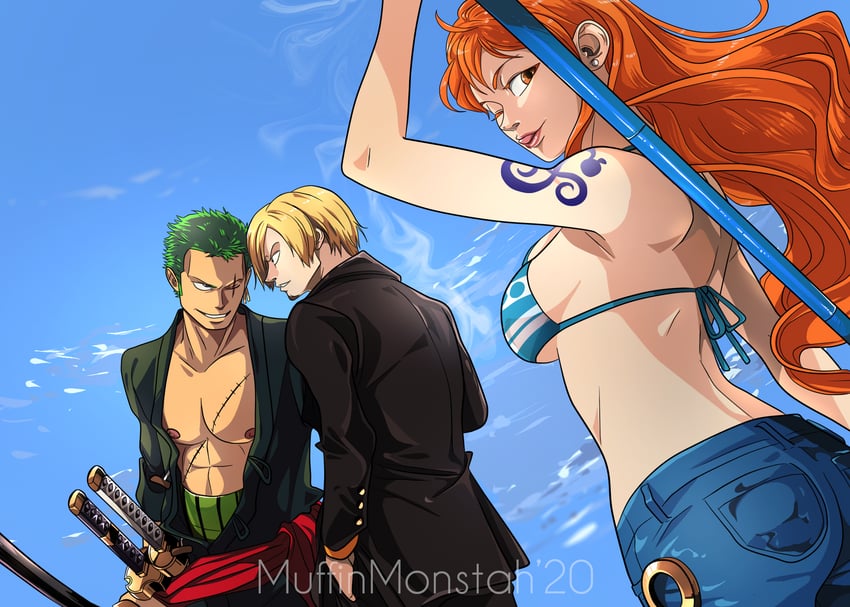 nami, roronoa zoro, and sanji (one piece) drawn by muffinmonstah