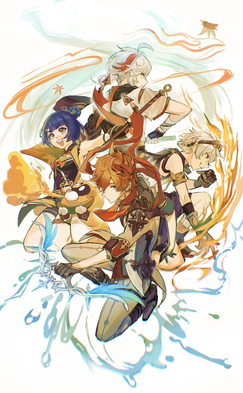 tartaglia, kaedehara kazuha, xiangling, guoba, and bennett (genshin impact) drawn by ze123456n