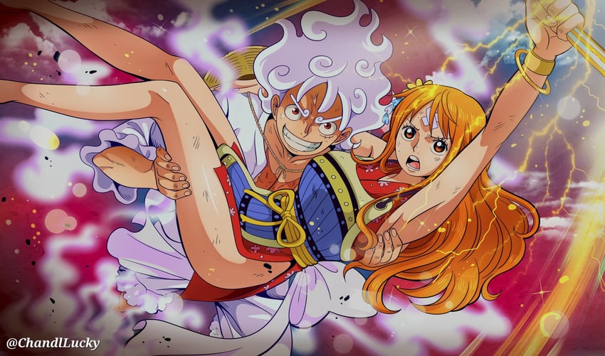 nami and monkey d. luffy (one piece) drawn by chandllucky