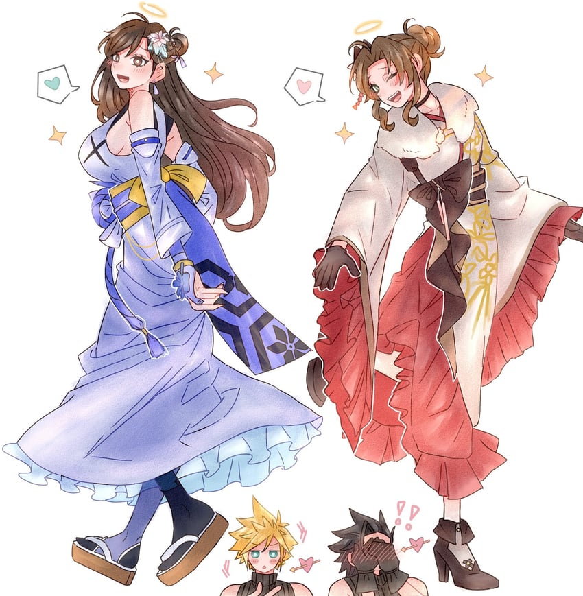 tifa lockhart, cloud strife, aerith gainsborough, and zack fair (final fantasy and 2 more) drawn by 7_(milu577610)