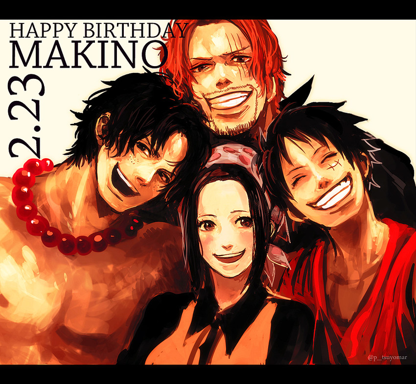 monkey d. luffy, portgas d. ace, shanks, and makino (one piece) drawn by tsuyomaru