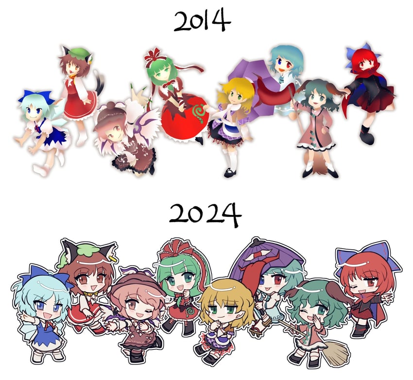 cirno, chen, tatara kogasa, mystia lorelei, mizuhashi parsee, and 3 more (touhou) drawn by mirei_(miirei)