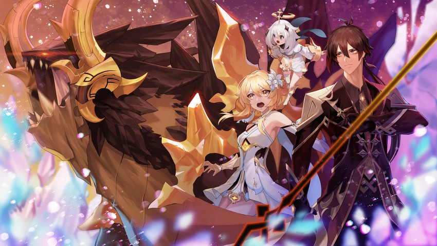 lumine, zhongli, paimon, and azhdaha (genshin impact) drawn by mingbox