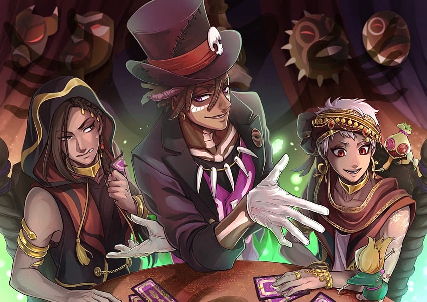 jamil viper, kalim al-asim, and sam (twisted wonderland and 1 more) drawn by satomune_s