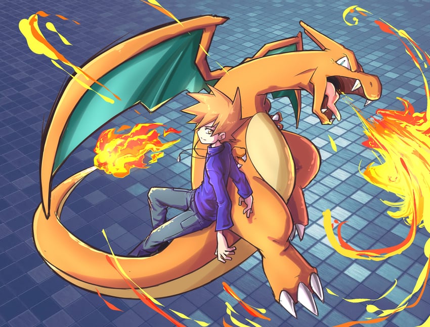 blue oak and charizard (pokemon and 1 more) drawn by tsunami_hisoka