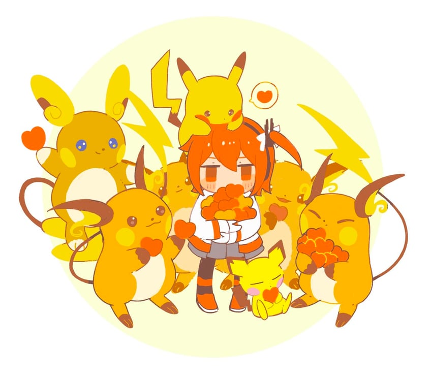 pikachu, adachi rei, pichu, raichu, and alolan raichu (pokemon and 2 more) drawn by s1ho_(ukiy0u0)