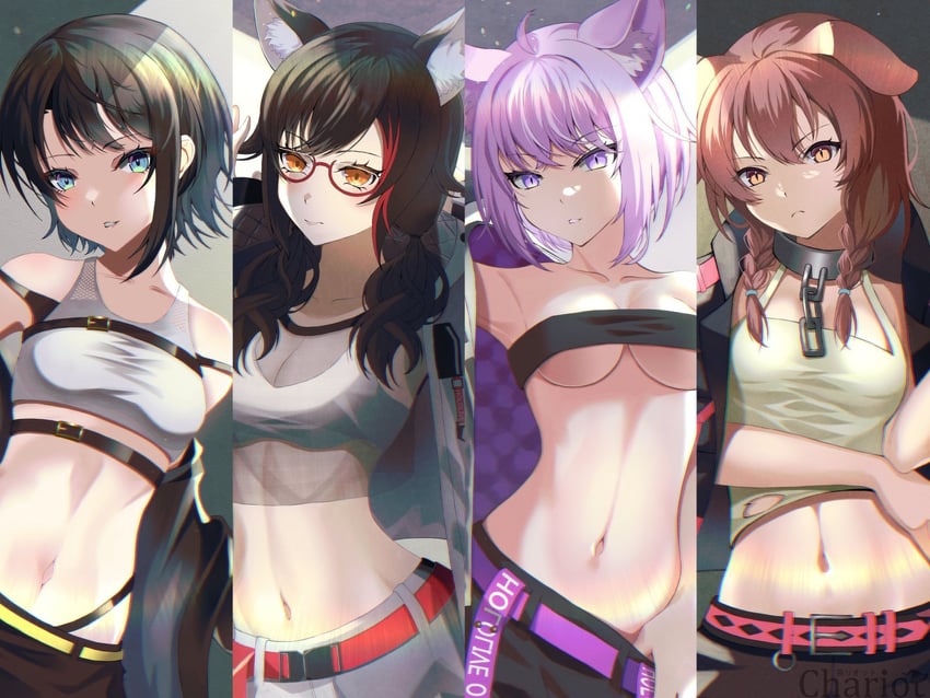 nekomata okayu, ookami mio, oozora subaru, and inugami korone (hololive) drawn by chariot_(teachariot828)