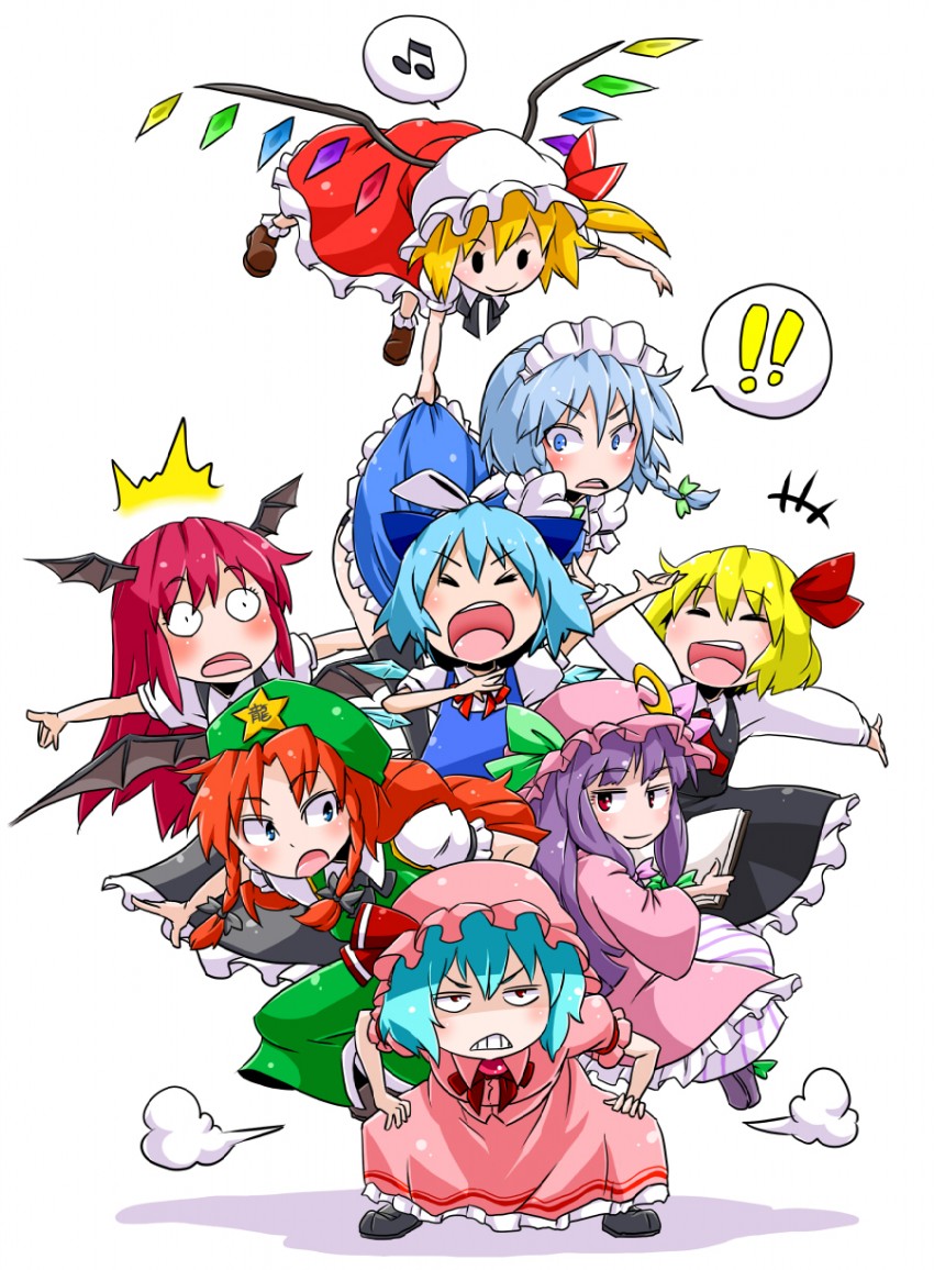 remilia scarlet, flandre scarlet, izayoi sakuya, cirno, patchouli knowledge, and 3 more (touhou and 1 more) drawn by aono3