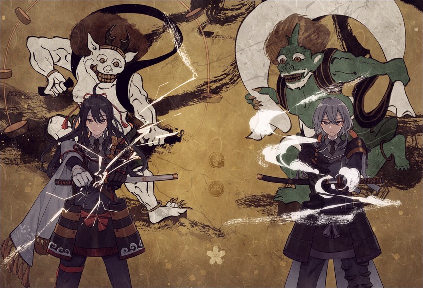 namazuo toushirou, honebami toushirou, raijin, and fuujin (touken ranbu) drawn by yamada_chickenko