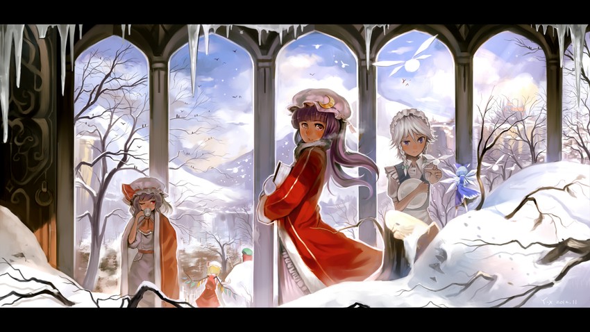 remilia scarlet, flandre scarlet, izayoi sakuya, cirno, patchouli knowledge, and 1 more (touhou and 1 more) drawn by yuushoku