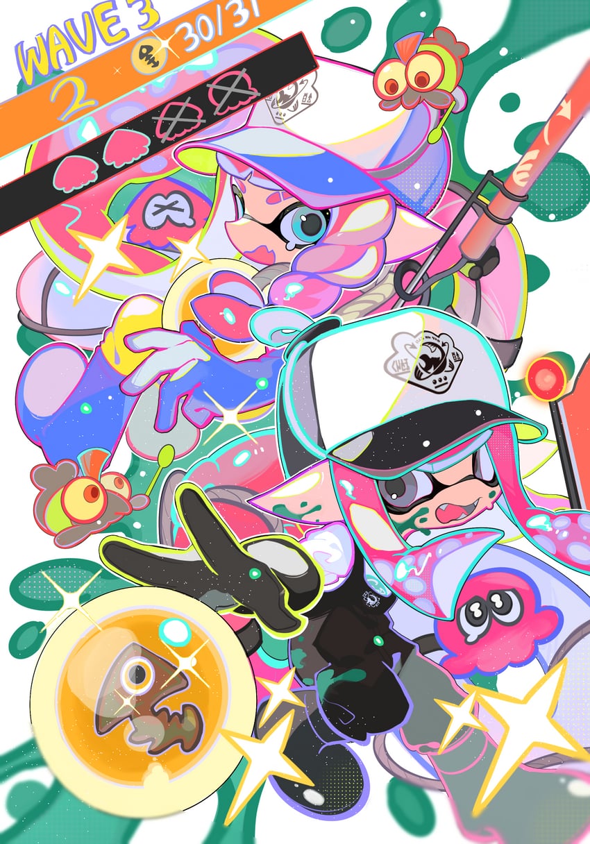 inkling player character, inkling girl, and smallfry (splatoon and 1 more) drawn by xiaoyunatie