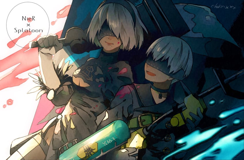 2b and 9s (splatoon and 2 more) drawn by ouka_(stan)