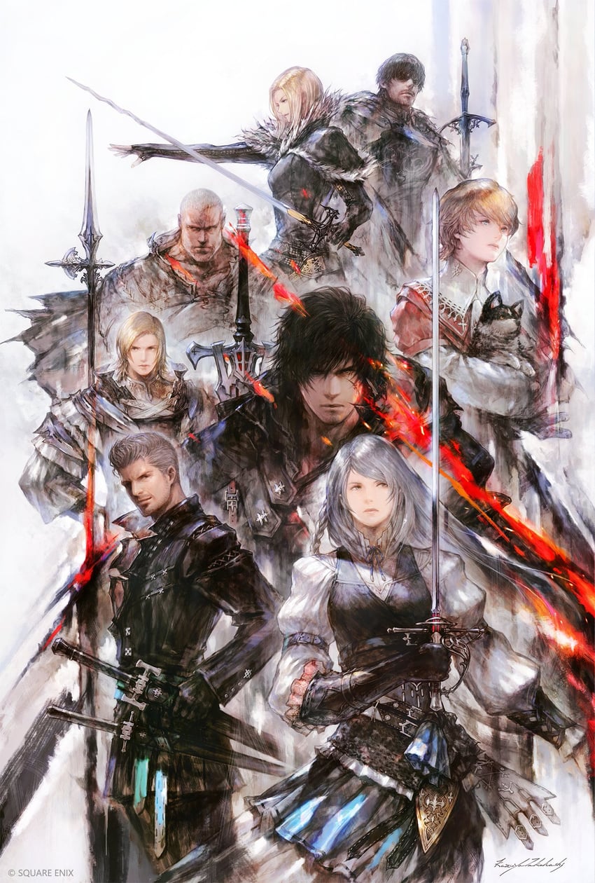 clive rosfield, jill warrick, dion lesage, joshua rosfield, torgal, and 4 more (final fantasy and 1 more) drawn by takahashi_kazuya