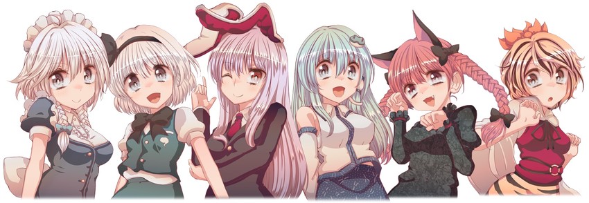 izayoi sakuya, kochiya sanae, konpaku youmu, reisen udongein inaba, kaenbyou rin, and 1 more (touhou) drawn by cream_(nipakupa)