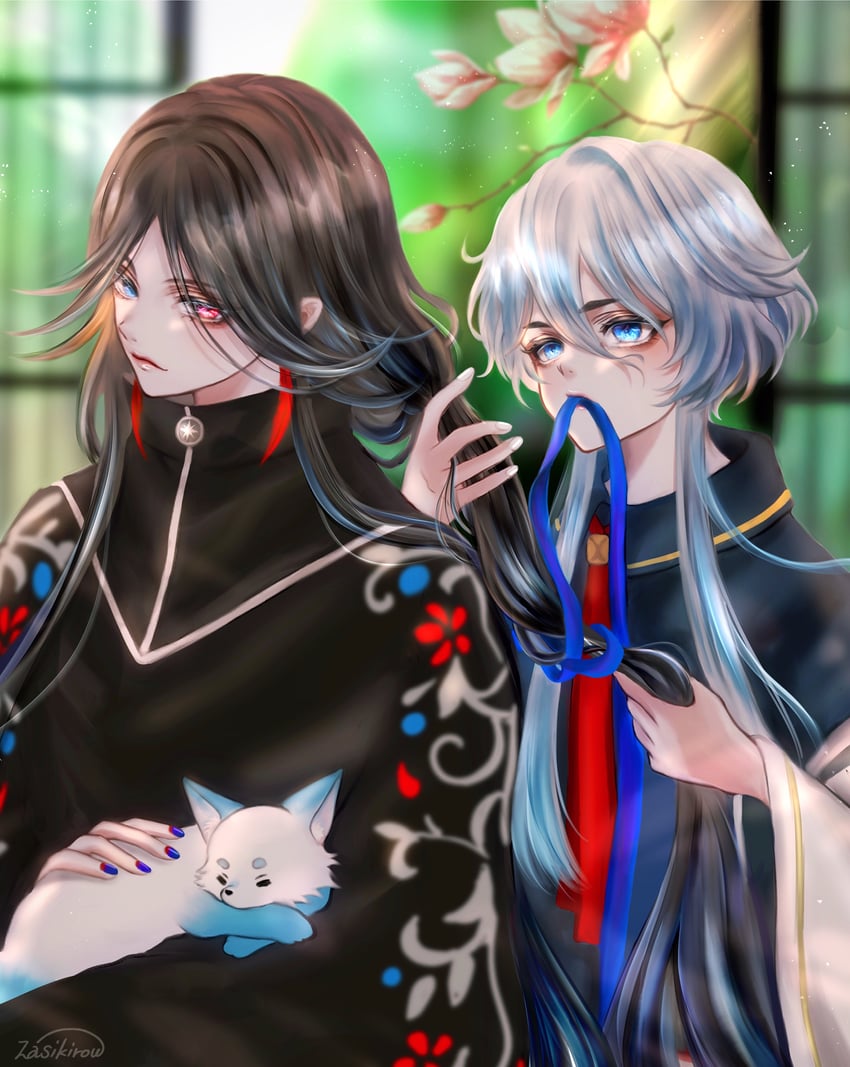 hakusan yoshimitsu, hakusan yoshimitsu's fox, and shichiseiken (touken ranbu) drawn by zasikirou