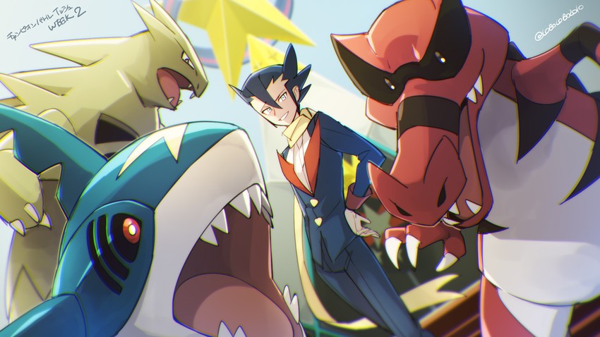 grimsley, tyranitar, sharpedo, and krookodile (pokemon and 2 more) drawn by momoji_(lobolobo2010)