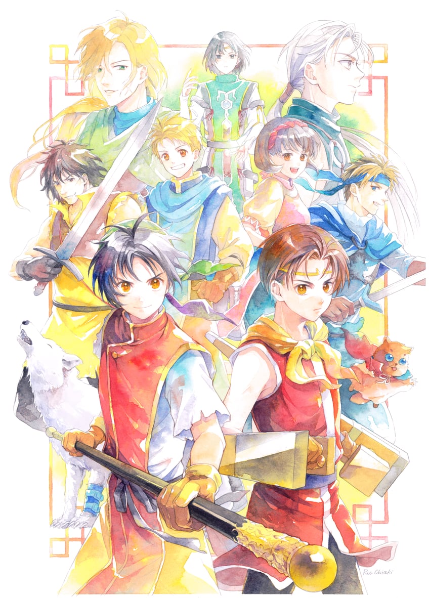 tir mcdohl, nanami, riou, luc, ted, and 6 more (gensou suikoden and 2 more) drawn by rie_(ooorie)