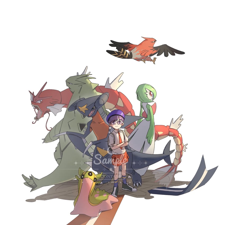 gardevoir, garchomp, gyarados, tyranitar, talonflame, and 1 more (pokemon and 1 more) drawn by robinlovesop