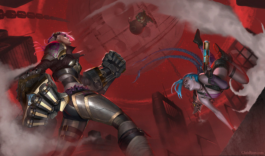 jinx, vi, and ziggs (league of legends and 1 more) drawn by chris_bjors