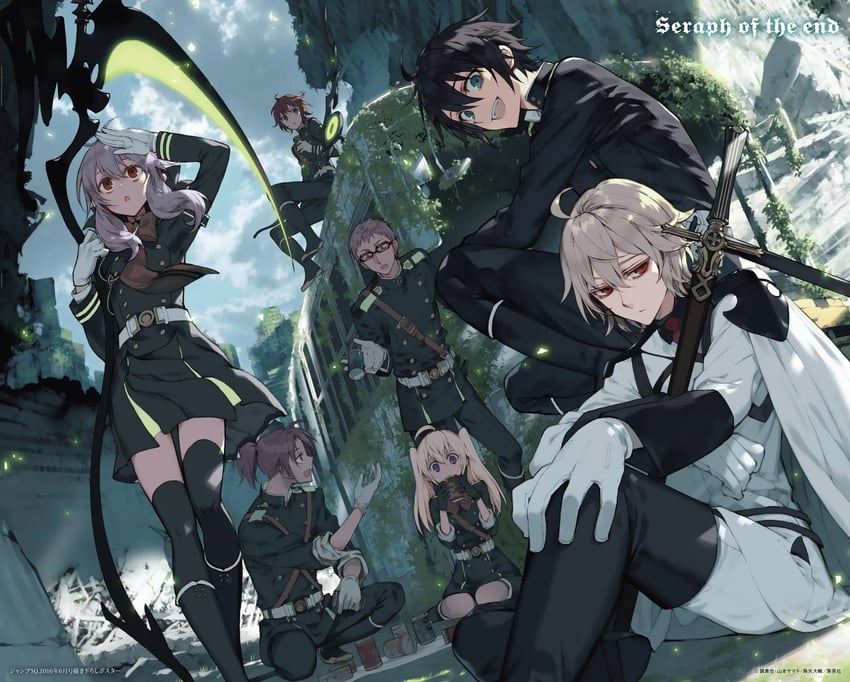 hiiragi shinoa, hyakuya yuuichirou, hyakuya mikaela, sanguu mitsuba, saotome yoichi, and 2 more (owari no seraph) drawn by yamamoto_yamato