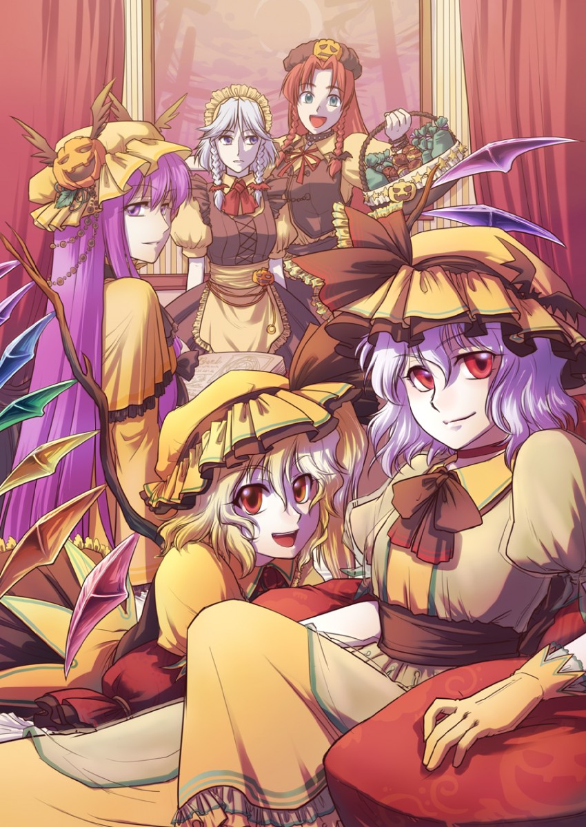 remilia scarlet, flandre scarlet, izayoi sakuya, patchouli knowledge, and hong meiling (touhou) drawn by kawahagi